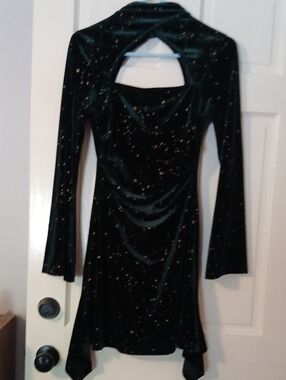 Dark Green Velvet Long-Sleeve Dress with Gold Celestrial Sparkle Pattern